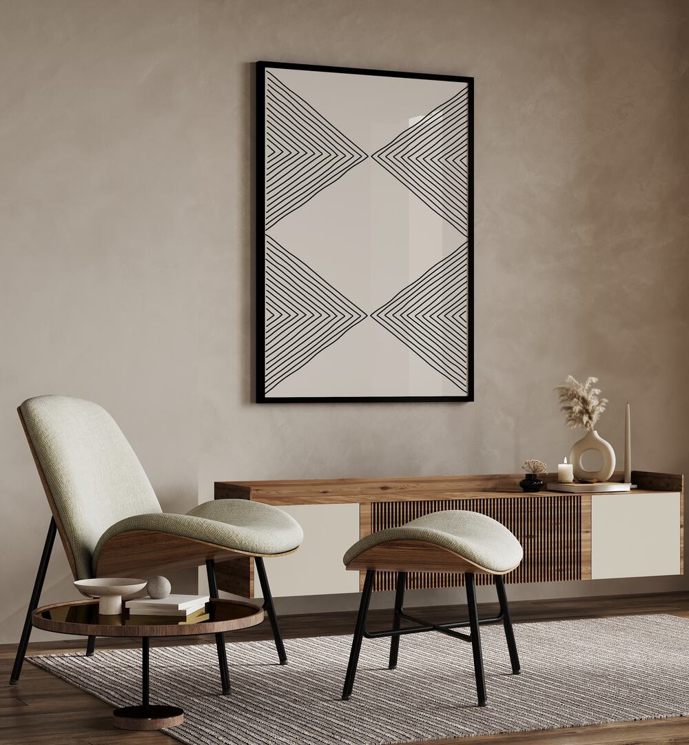 Elegant interior featuring MINIMALISM EXPRESSION IV, GEOMETRIC ART PRINTS by Jay Stanley, showcasing geometric abstraction.