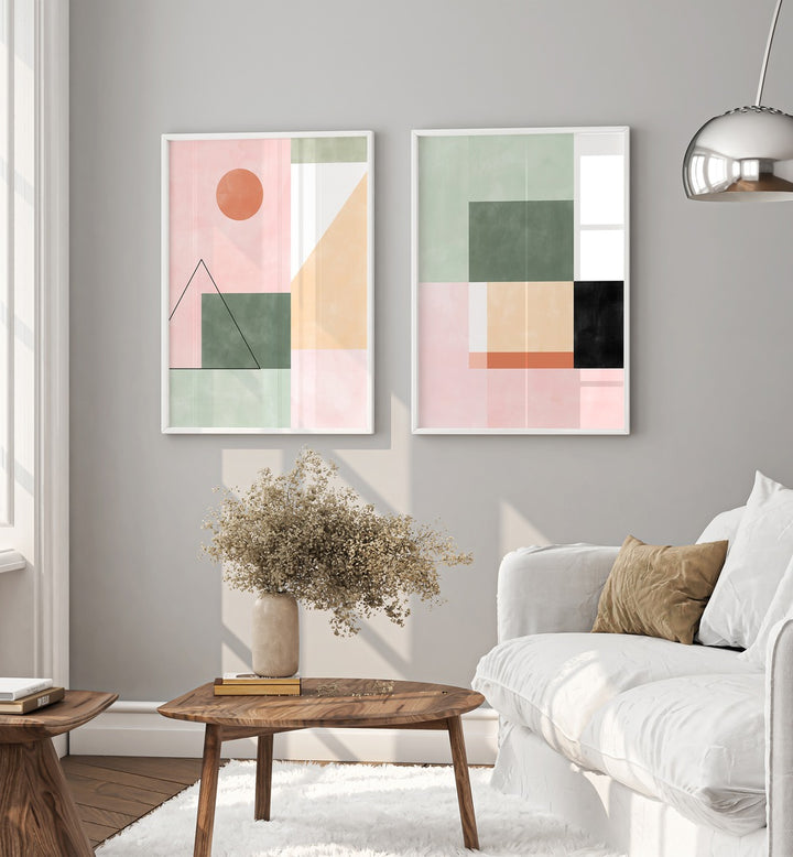 Brighten your home with MINIMALIST SYMMETRY, SET OF 2 PAINTINGS featuring elegant geometric designs.