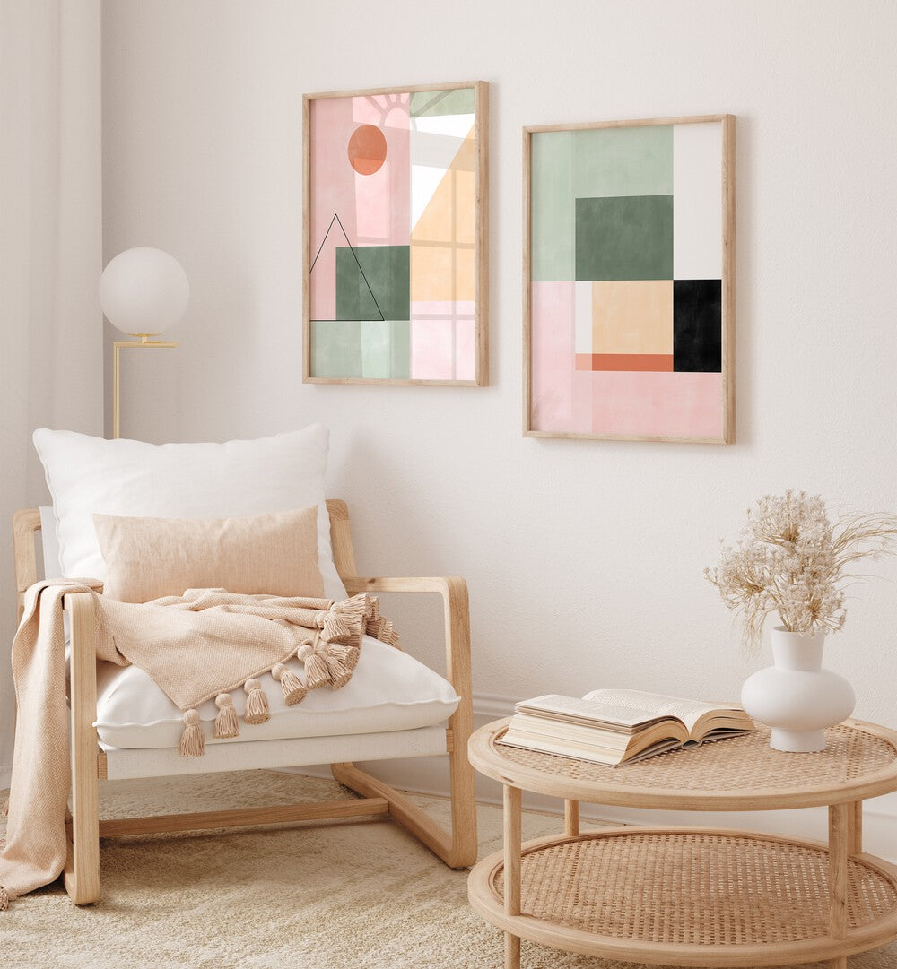 Stylish living room showcasing MINIMALIST SYMMETRY, SET OF 2 PAINTINGS with geometric designs and modern decor.
