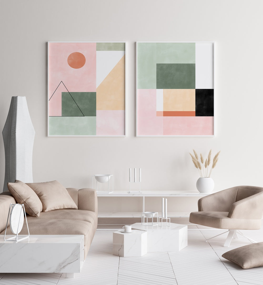 Elevate your decor with MINIMALIST SYMMETRY, SET OF 2 PAINTINGS featuring geometric art in soft pastel tones.