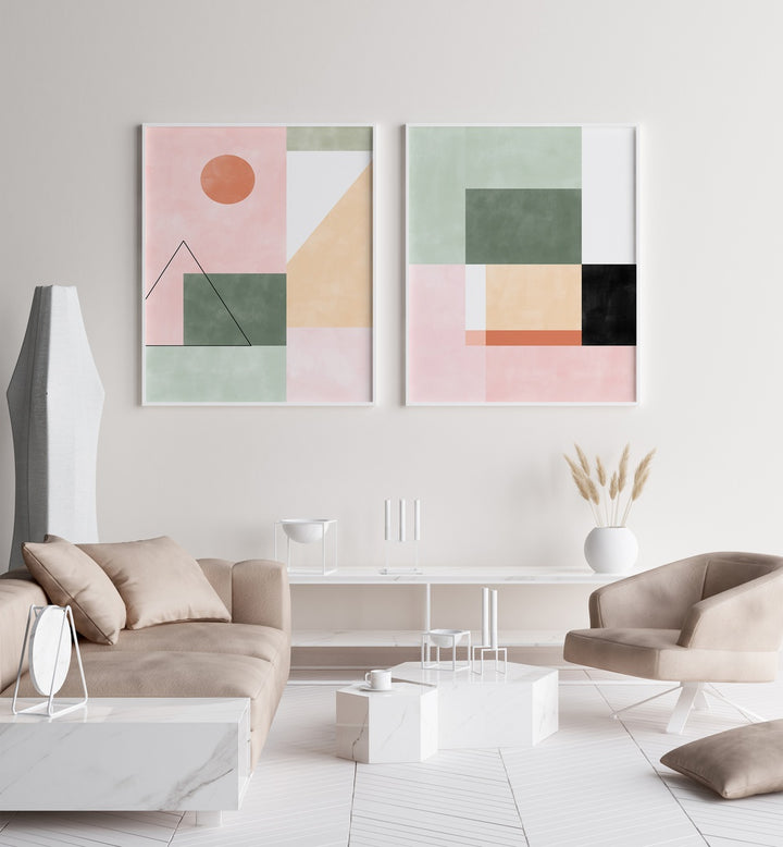 Elevate your decor with MINIMALIST SYMMETRY, SET OF 2 PAINTINGS featuring geometric art in soft pastel tones.