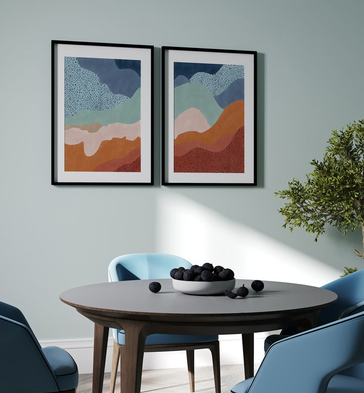 MISTY RADIANCE, SET OF 2 PAINTINGS adorning a stylish dining area, enhancing modern decor with vibrant colors.