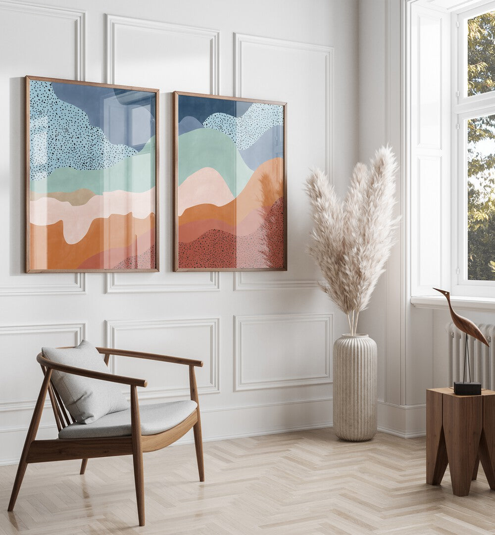 Elevate your decor with the MISTY RADIANCE, SET OF 2 PAINTINGS, showcasing a blend of captivating colors and light.