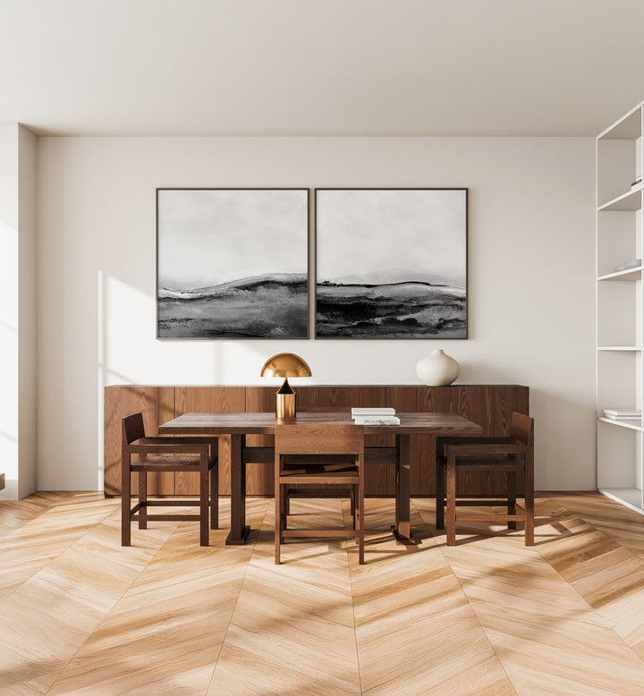 Enhance your decor with the MONO LANDSCAPE SET, SET OF 2 PAINTINGS, featuring serene monochromatic nature prints.