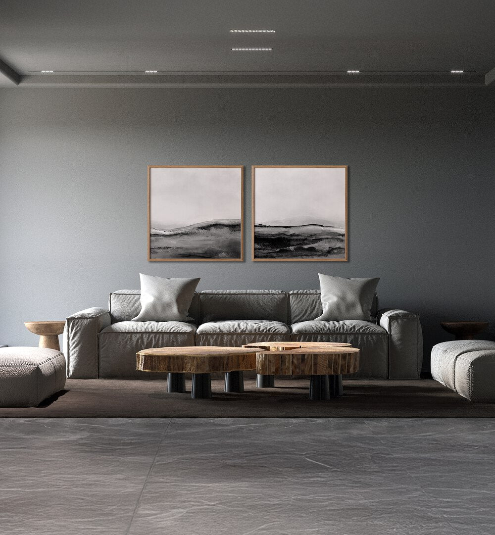 Stylish living room featuring MONO LANDSCAPE SET, SET OF 2 PAINTINGS, enhancing minimalist elegance and natural beauty.