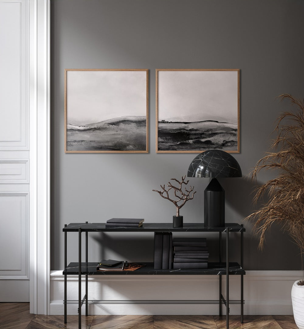 Stylish MONO LANDSCAPE SET, SET OF 2 PAINTINGS enhances minimalist decor with serene, monochromatic art.