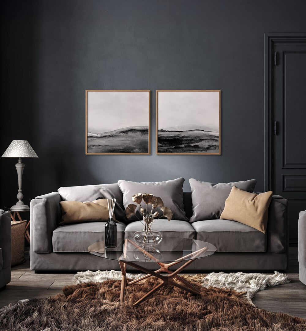 Stylish MONO LANDSCAPE SET, SET OF 2 PAINTINGS enhances minimalist decor with serene, monochromatic elegance.