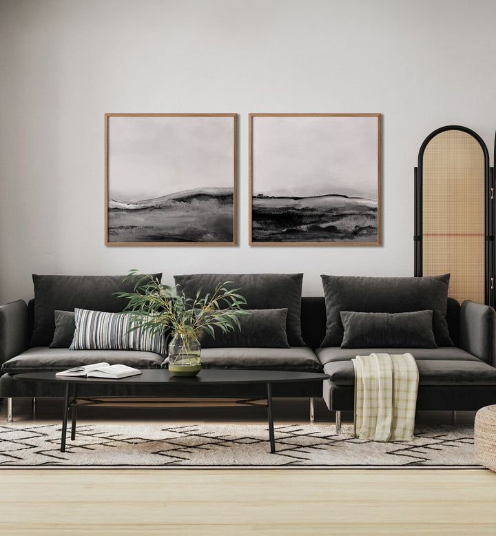 Enhance your decor with the MONO LANDSCAPE SET, SET OF 2 PAINTINGS, showcasing serene monochromatic landscapes.