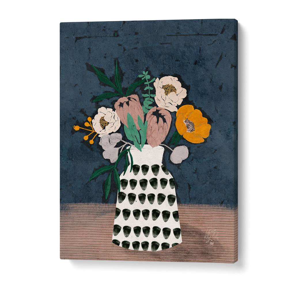 Captivating MOODY FLORAL II, FLORAL FLOWER PAINTINGS featuring vibrant flowers in a unique vase on a dark background.