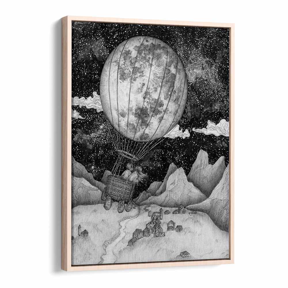 Explore the enchanting MOON BALLOON ORIGINAL, SURREAL ART PRINTS, showcasing vintage charm in a stunning frame.