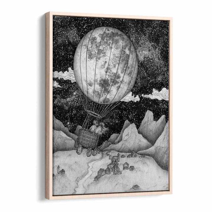 Explore the enchanting MOON BALLOON ORIGINAL, SURREAL ART PRINTS, showcasing vintage charm in a stunning frame.