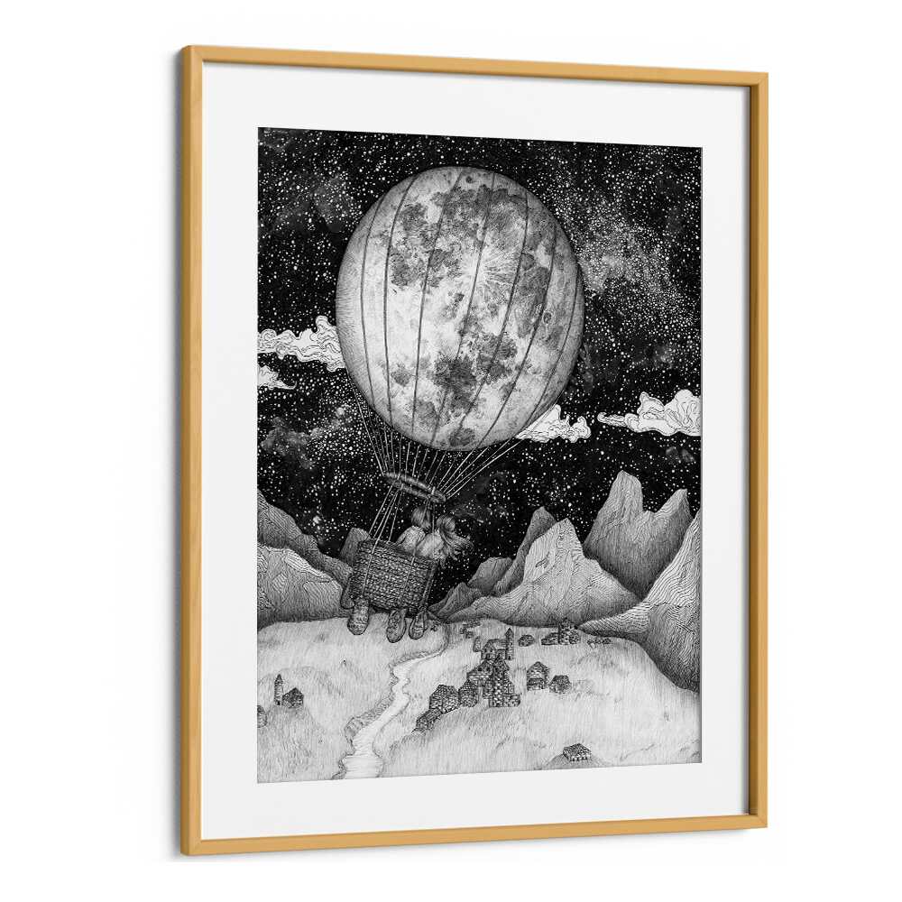Experience the whimsical MOON BALLOON ORIGINAL, SURREAL ART PRINTS framed in oak, blending nostalgia with elegance.