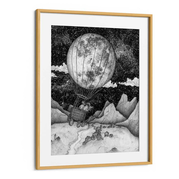 Experience the whimsical MOON BALLOON ORIGINAL, SURREAL ART PRINTS framed in oak, blending nostalgia with elegance.