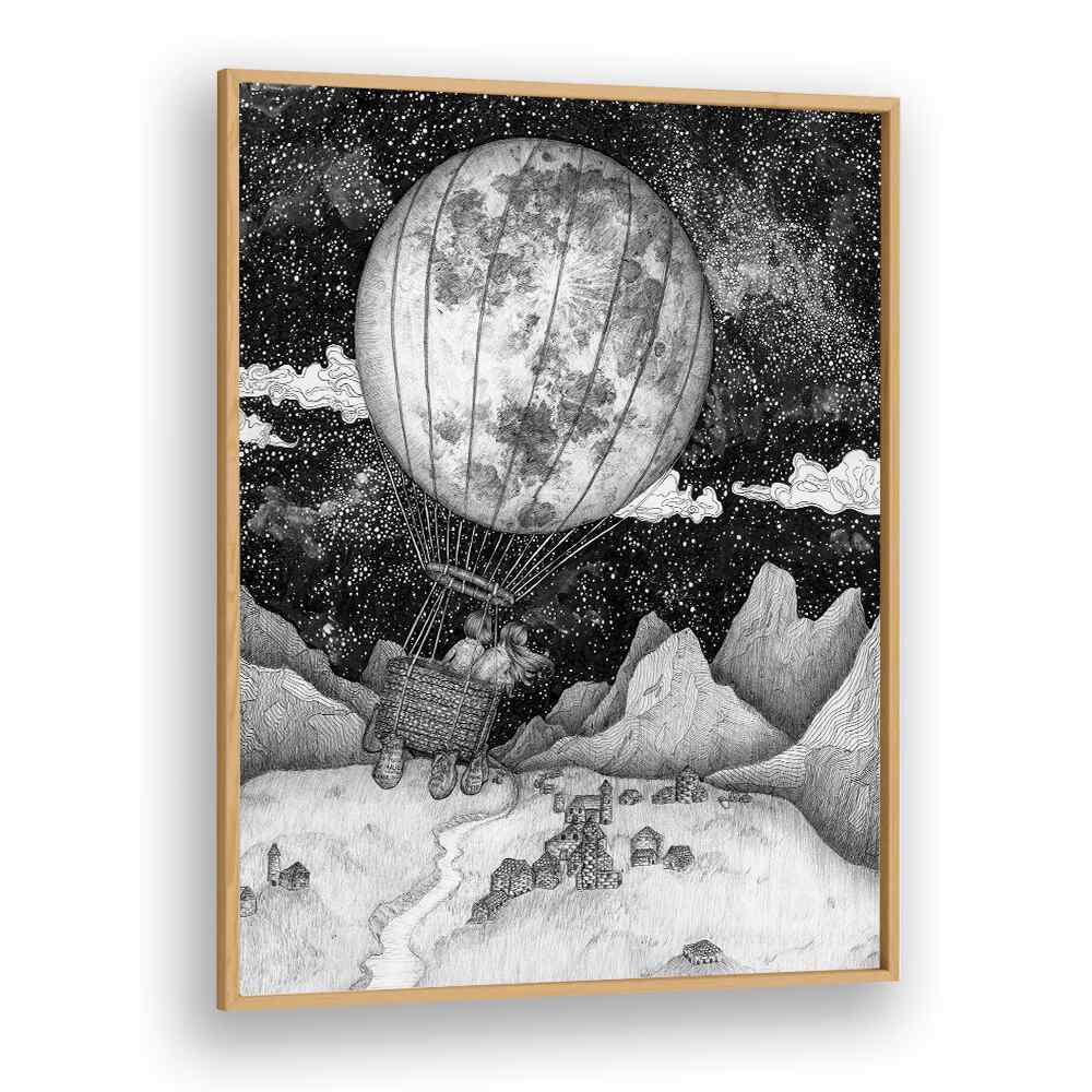 MOON BALLOON ORIGINAL, SURREAL ART PRINTS capture whimsical adventures in a vintage-inspired framed artwork.