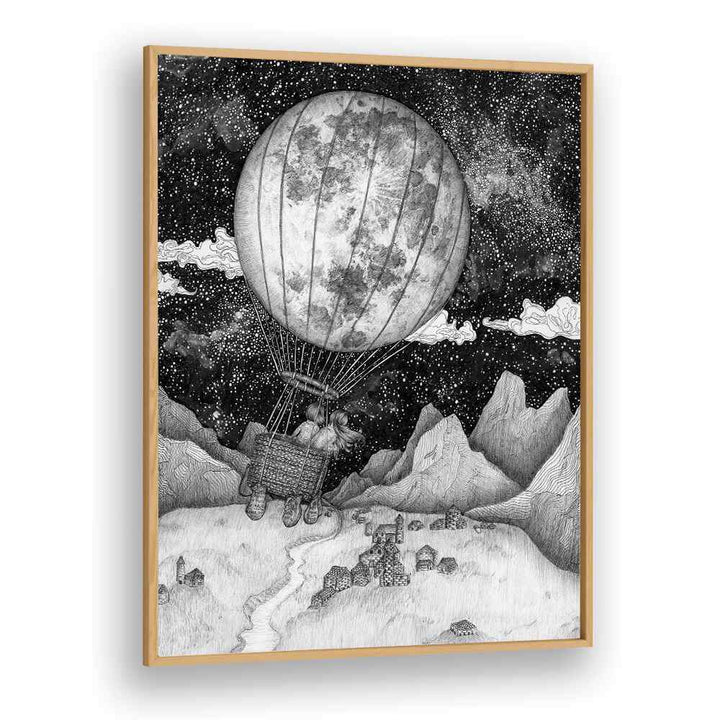 MOON BALLOON ORIGINAL, SURREAL ART PRINTS capture whimsical adventures in a vintage-inspired framed artwork.