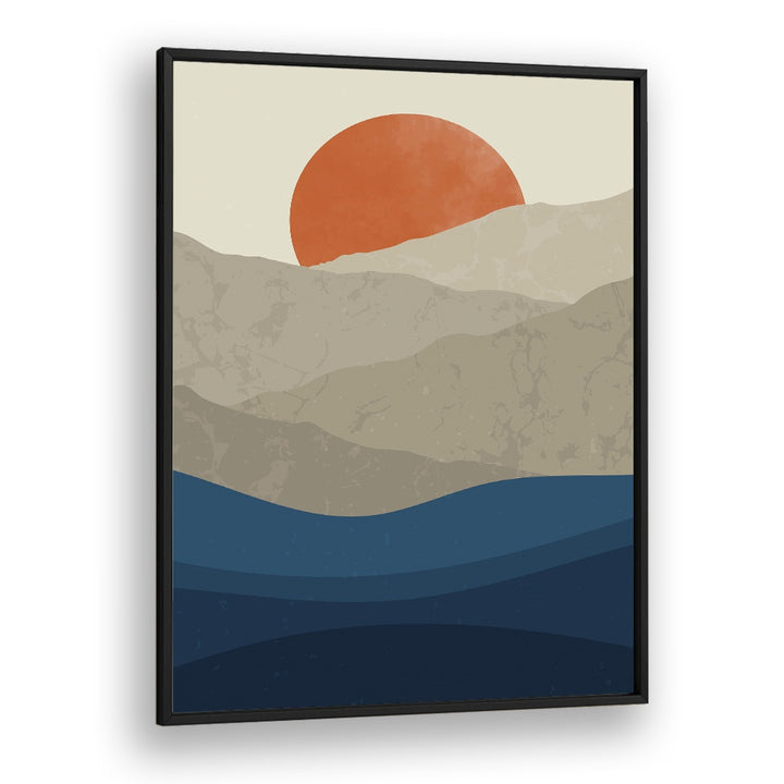 Stunning "MOUNTAINS I, LANDSCAPE PAINTINGS" art print by Jay Stanley, featuring serene mountains and a vibrant sun.