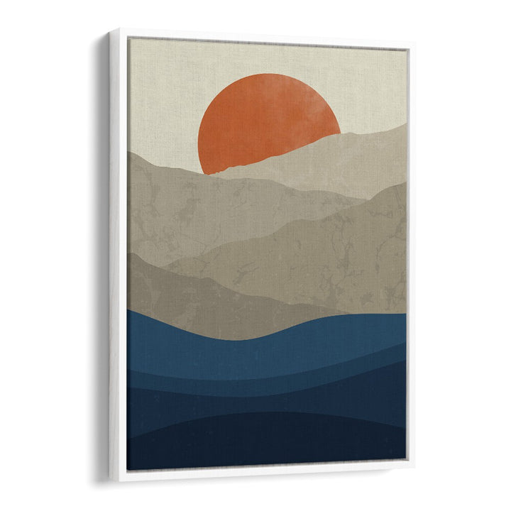 Stunning "Mountains I, Landscape Paintings" by Jay Stanley, featuring serene mountains and sunset in a white floater frame.