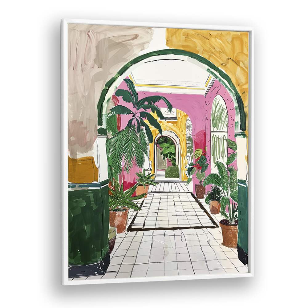 Vibrant Mystic Meadow art print showcasing a colorful hallway with tropical plants, perfect for enhancing your space.