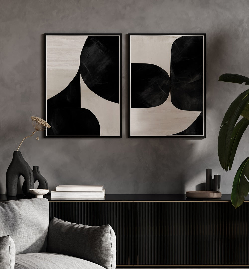 Elegant NIGHT MOUNTAINS SET, SET OF 2 PAINTINGS, featuring striking black and white landscapes for tranquil decor.