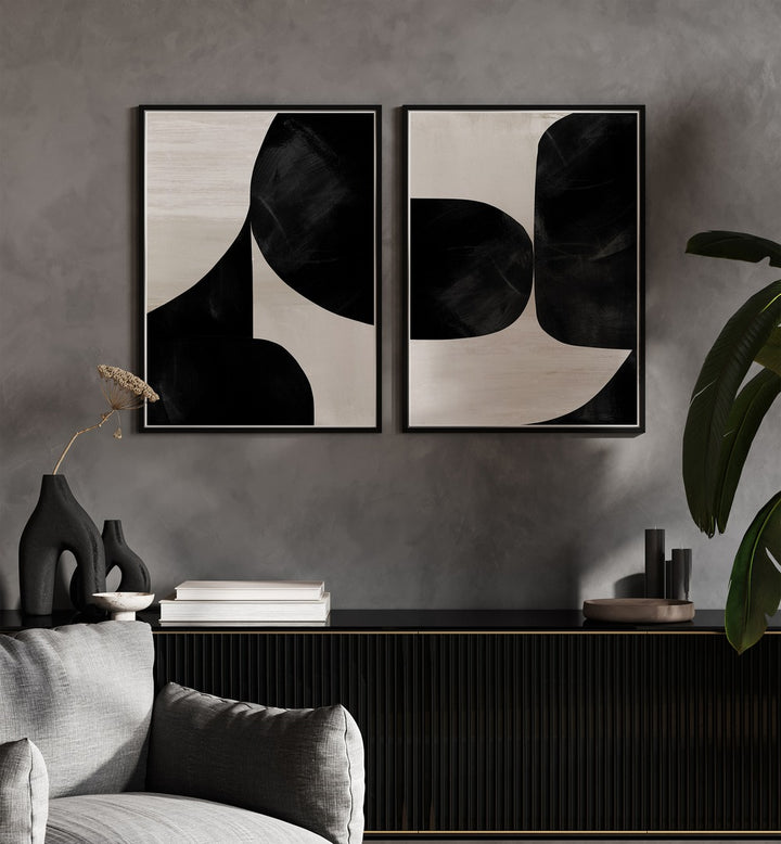 Elegant NIGHT MOUNTAINS SET, SET OF 2 PAINTINGS, featuring striking black and white landscapes for tranquil decor.