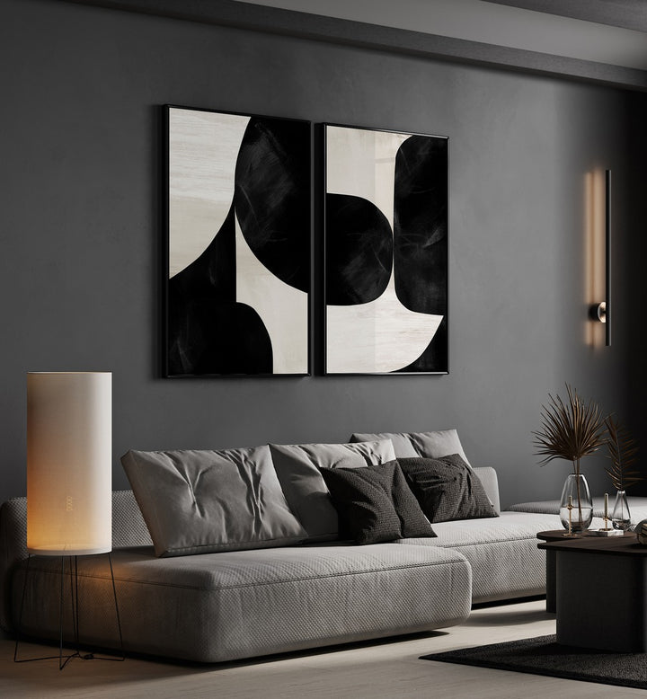 Elegant NIGHT MOUNTAINS SET, SET OF 2 PAINTINGS showcasing serene black and white landscapes for your living space.