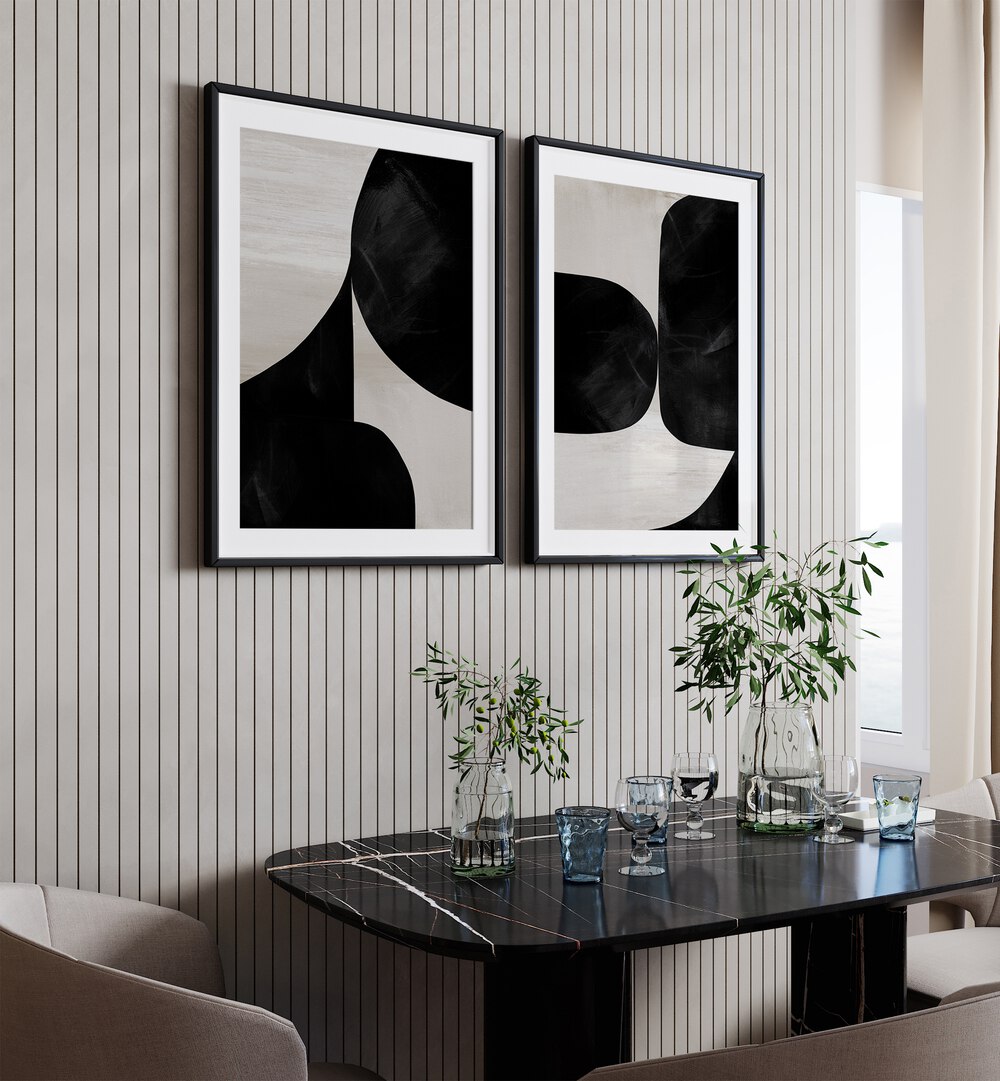 Elevate your home decor with the NIGHT MOUNTAINS SET, SET OF 2 PAINTINGS featuring stunning black and white landscapes.