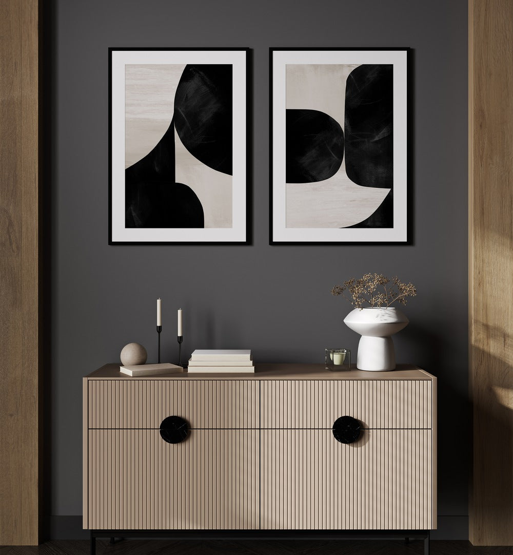Elegant NIGHT MOUNTAINS SET, SET OF 2 PAINTINGS showcasing stunning black and white abstract art for your home decor.