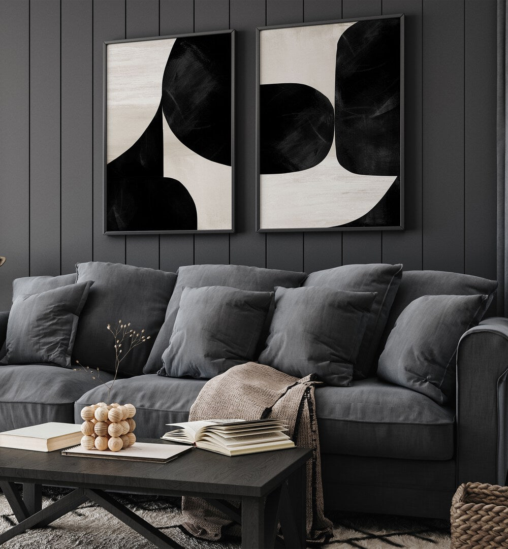 Transform your space with the NIGHT MOUNTAINS SET, SET OF 2 PAINTINGS, featuring elegant black and white landscapes.