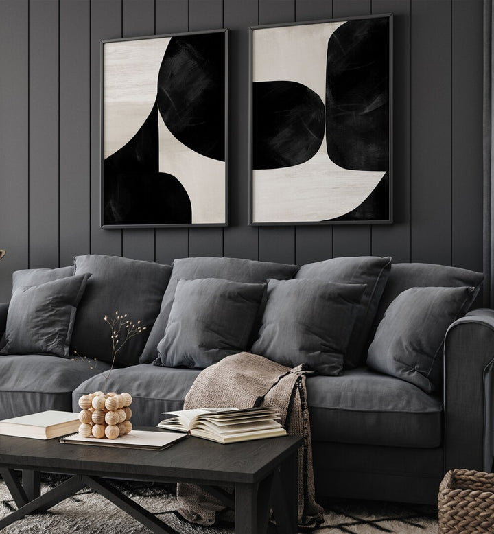 Transform your space with the NIGHT MOUNTAINS SET, SET OF 2 PAINTINGS, featuring elegant black and white landscapes.
