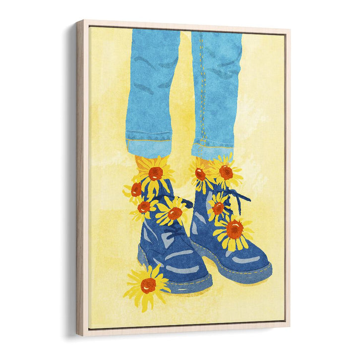 Bright blue boots adorned with sunflowers in the SUNFLOWER WALK, FASHION POSTERS by Raissa Oltmanns elevate any space.