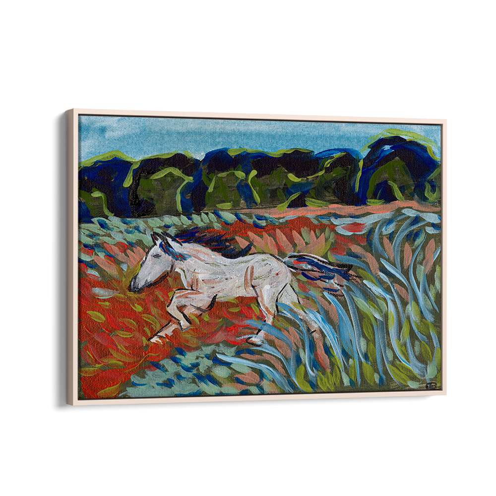 Vibrant MOUNTAIN HORSE, LANDSCAPE PAINTINGS showcasing a white horse in a colorful field, perfect for art lovers.