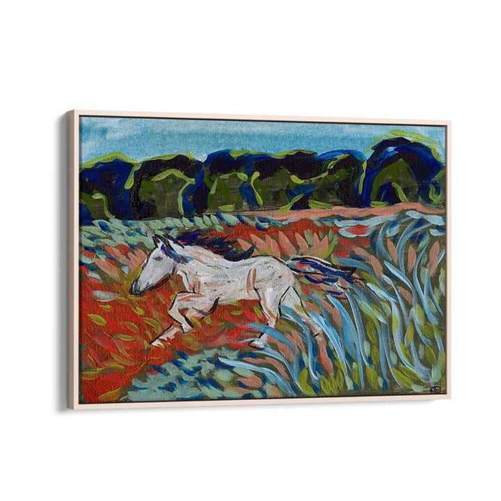Vibrant MOUNTAIN HORSE, LANDSCAPE PAINTINGS showcasing a white horse in a colorful field, perfect for art lovers.
