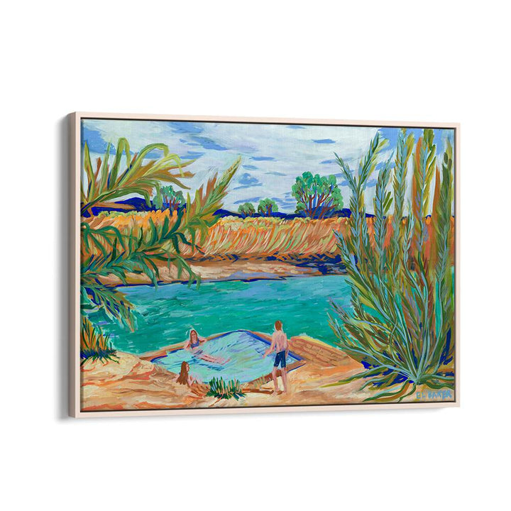 Vibrant WATERSIDE , LANDSCAPE PAINTINGS showcasing serene nature scenes with swimmers by the water. Perfect for home decor.