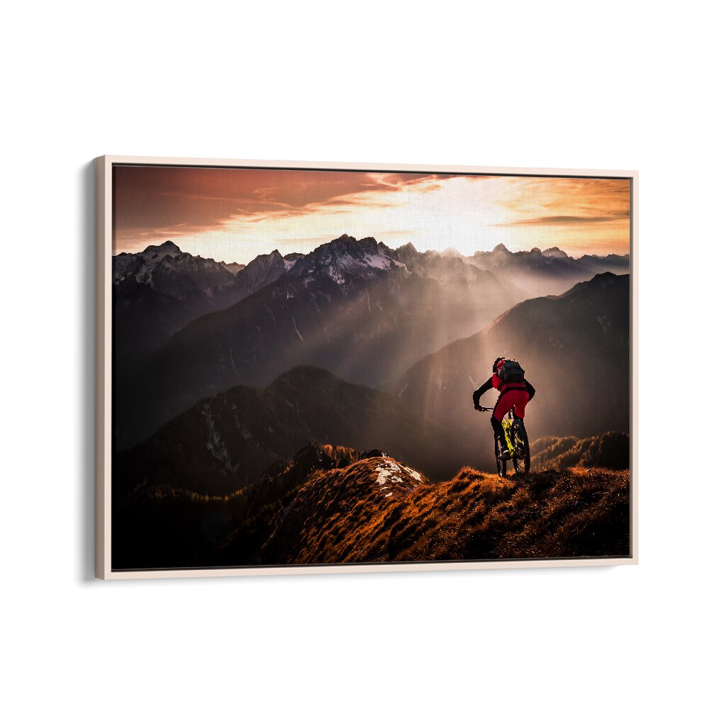 Dynamic mountain biker amidst stunning scenery, showcasing JUST RIDE, PHOTOGRAPHY PRINTS for action enthusiasts.