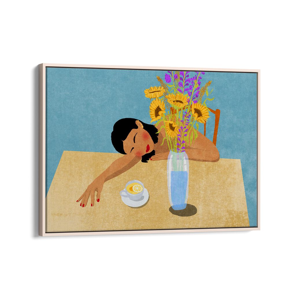 Vibrant "Day Dreaming" art print by Raissa Oltmanns, featuring a woman with flowers, perfect for any living space.