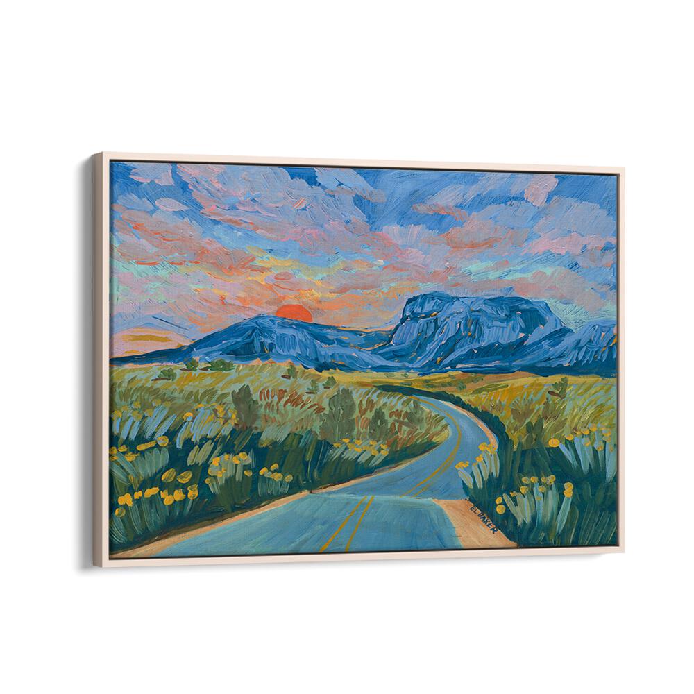 Vibrant sunset over winding road in BLUE MOUNTAIN HIGHWAY, LANDSCAPE PAINTINGS, showcasing nature's beauty.
