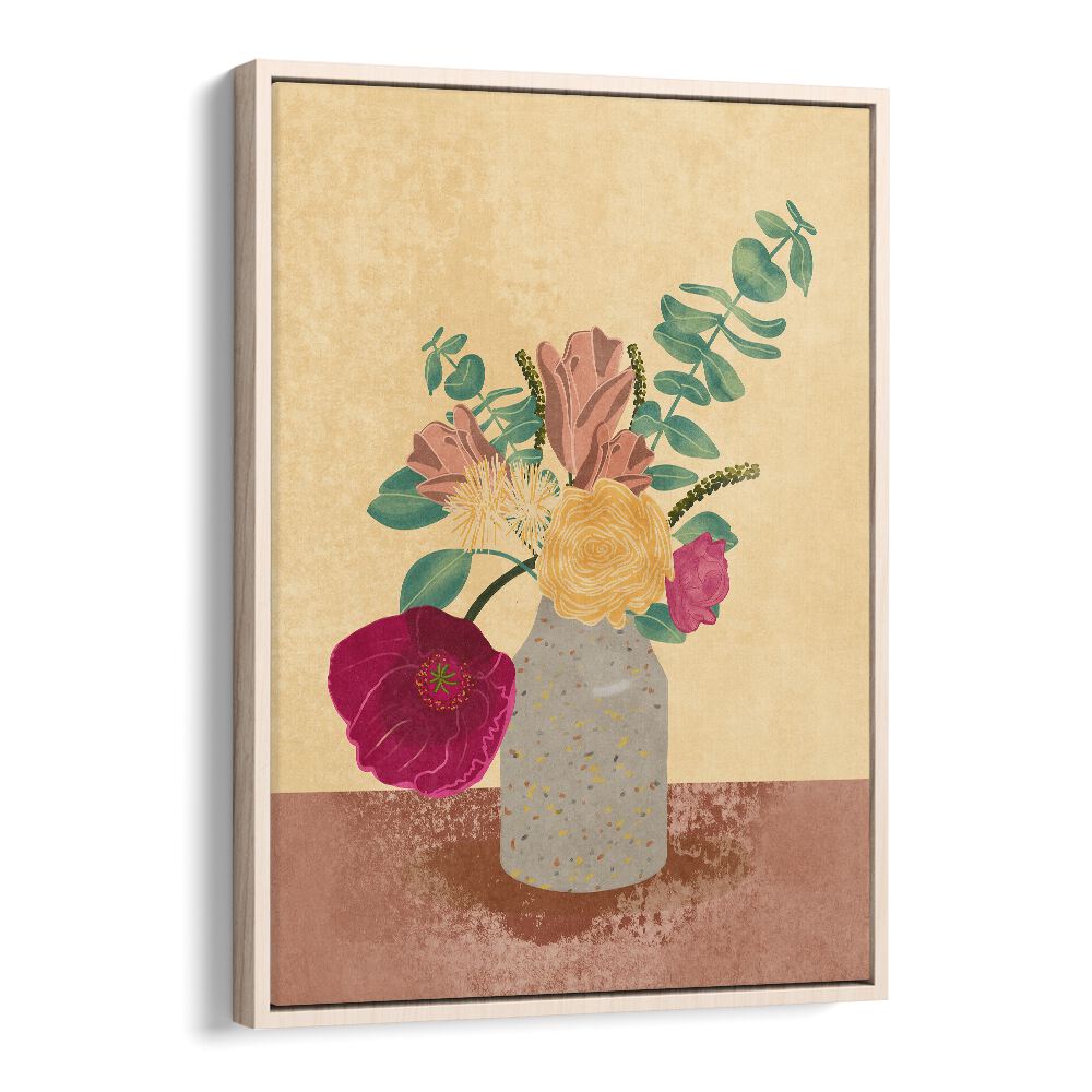 Colorful arranged flowers in a vase, showcasing Raissa Oltmanns' floral flower paintings on premium canvas.