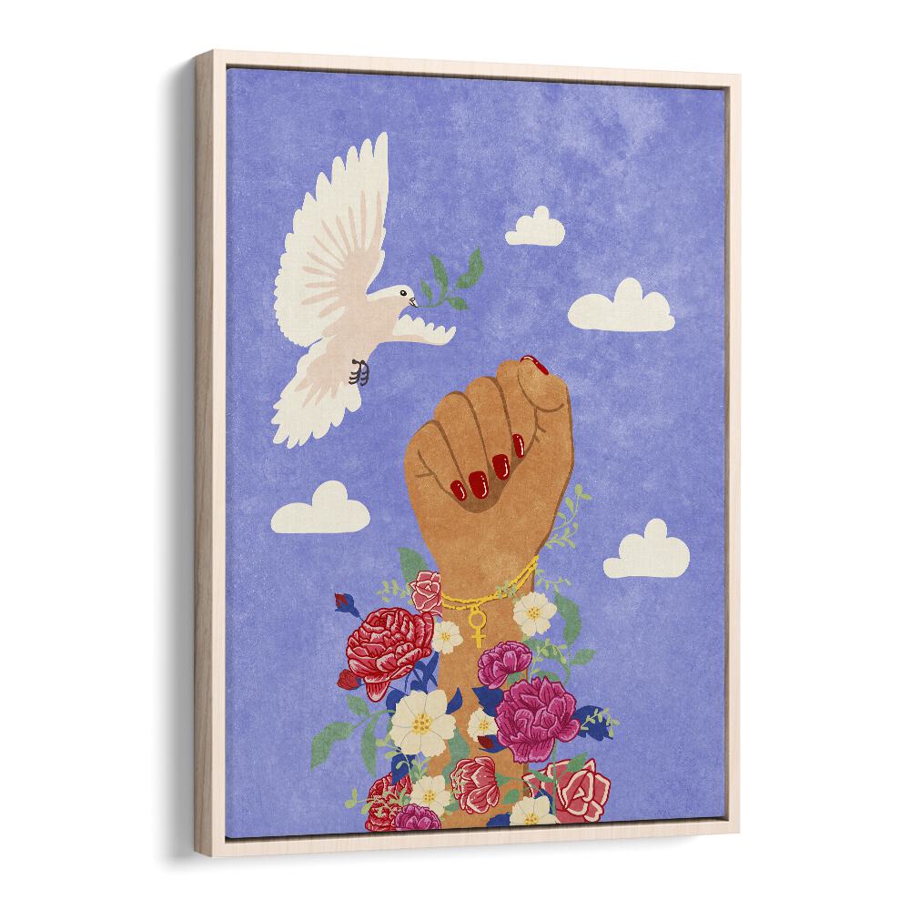 FEMINIST FIST, FASHION POSTERS by Raissa Oltmanns features a powerful fist amidst floral elements and a dove.