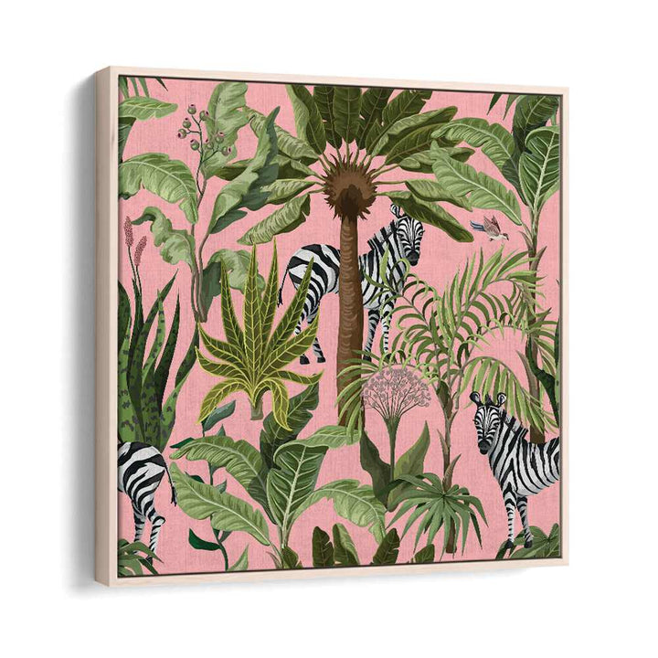 Colorful depiction of zebras among lush foliage, perfect for lovers of nature in the ROAMING WITH ZEBRAS, ANIMAL PAINTINGS collection.