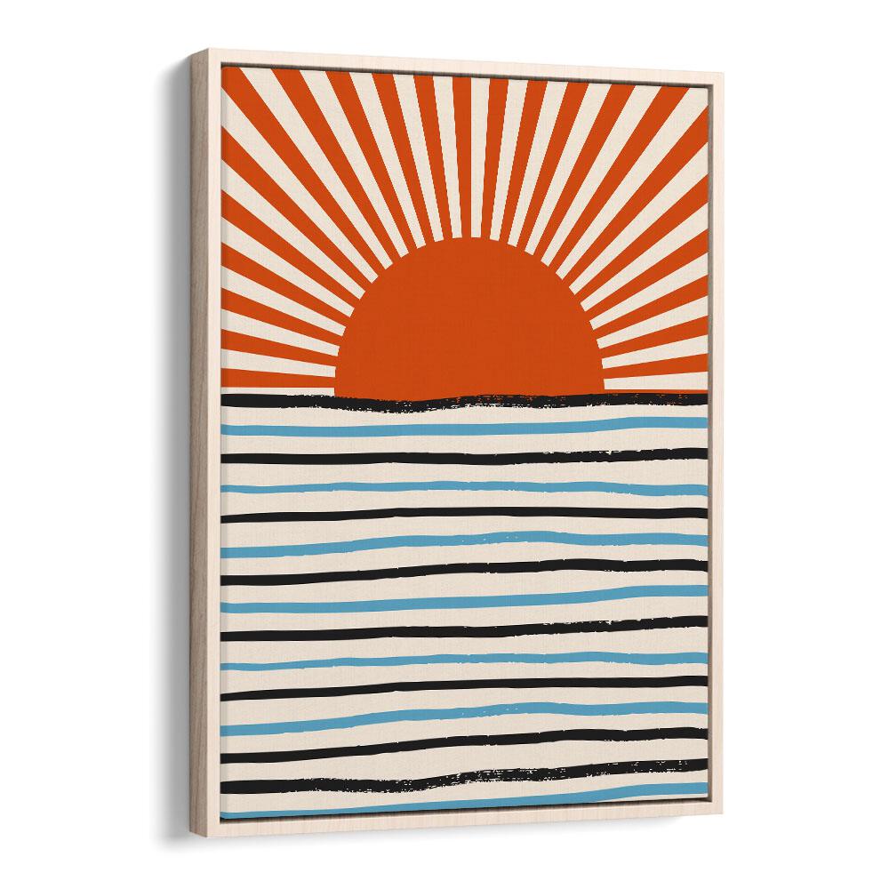 Bright red sun rising over serene sea stripes in the stunning RED SUN AND SEA, LANDSCAPE PAINTINGS collection.