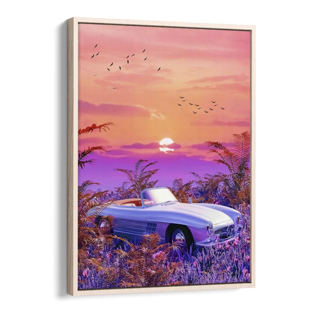 Stunning VINTAGE PARADISE, SURREAL ART PRINTS featuring a vintage car amidst a vibrant sunset landscape.