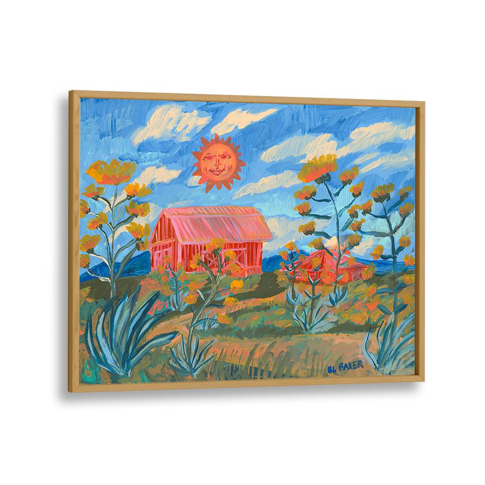 Vibrant SUNNY FARM PRINT, LANDSCAPE PAINTINGS showcasing idyllic farmlands and a cheerful sun, perfect for home decor.