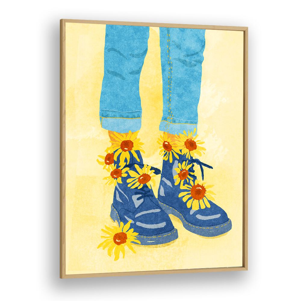 Vibrant SUNFLOWER WALK, FASHION POSTERS by Raissa Oltmanns, featuring stylish boots adorned with sunflowers.