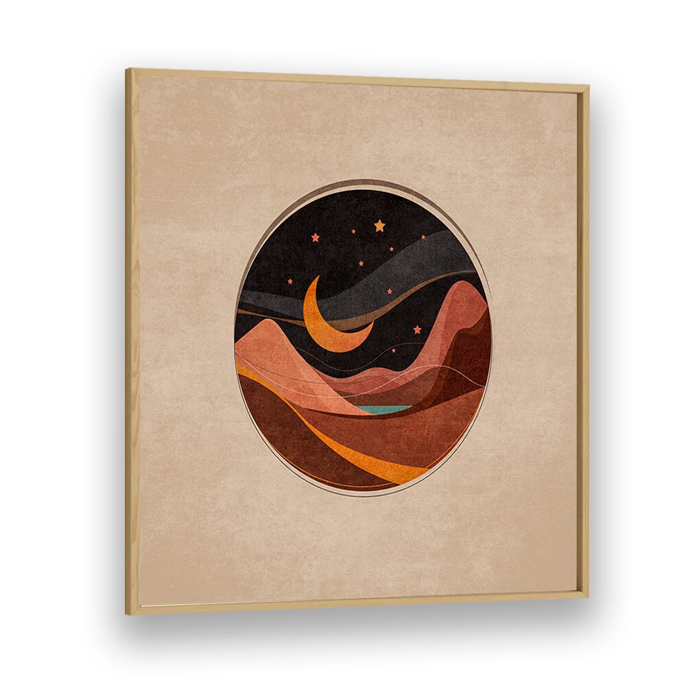 CEMBER GECE SAHNESI, BOHO ART PAINTINGS showcase a stunning night scene with mountains and a crescent moon.