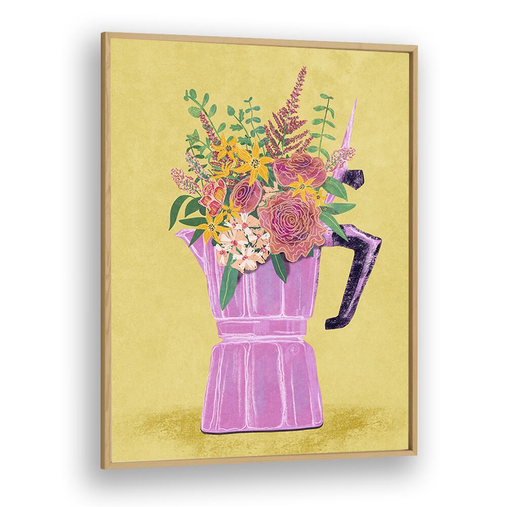 Stylish ESPRESSO MAKER WITH FLOWERS, a FLORAL FLOWER PAINTING by Raissa Oltmanns, adds elegance to any space.
