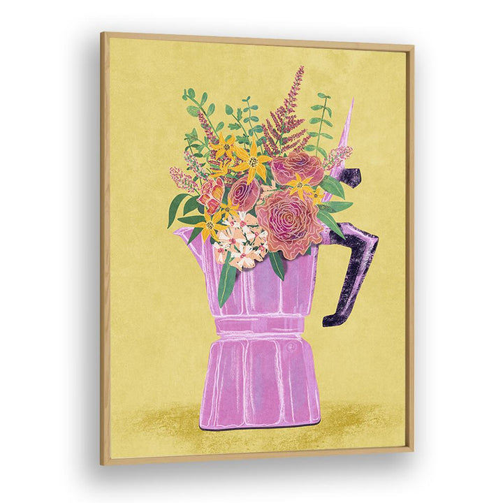 Stylish ESPRESSO MAKER WITH FLOWERS, a FLORAL FLOWER PAINTING by Raissa Oltmanns, adds elegance to any space.