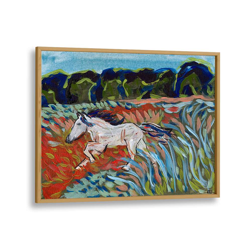 Vibrant MOUNTAIN HORSE, LANDSCAPE PAINTINGS showcase a horse galloping through colorful fields, perfect for art lovers.