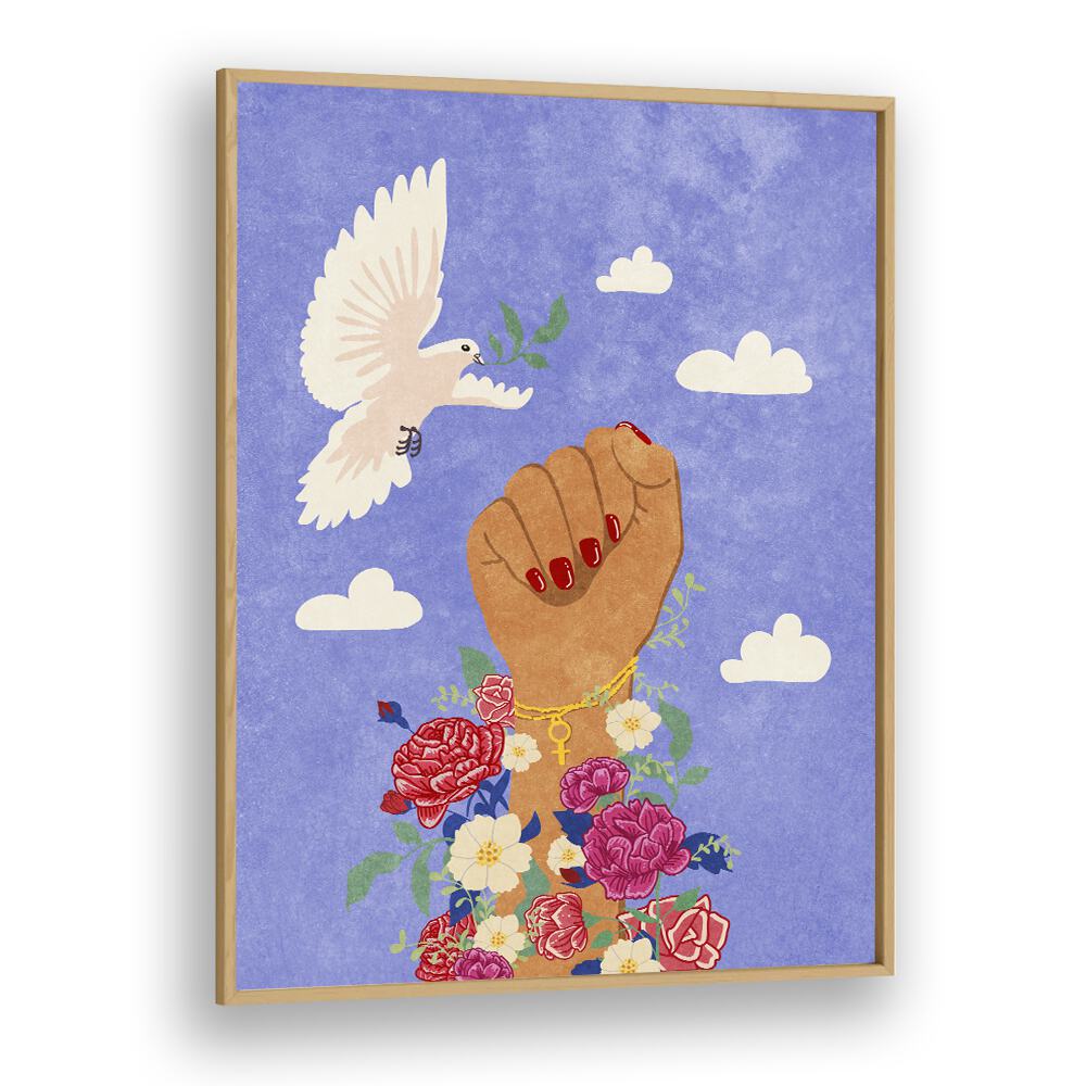 FEMINIST FIST, FASHION POSTERS by Raissa Oltmanns, showcasing a powerful fist surrounded by flowers and a dove.