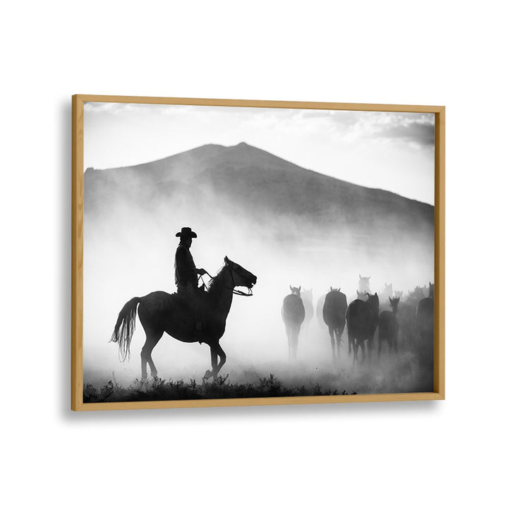 HIS TERRITORY! , PHOTOGRAPHY PRINTS showcase a silhouetted rider leading horses through misty landscapes.
