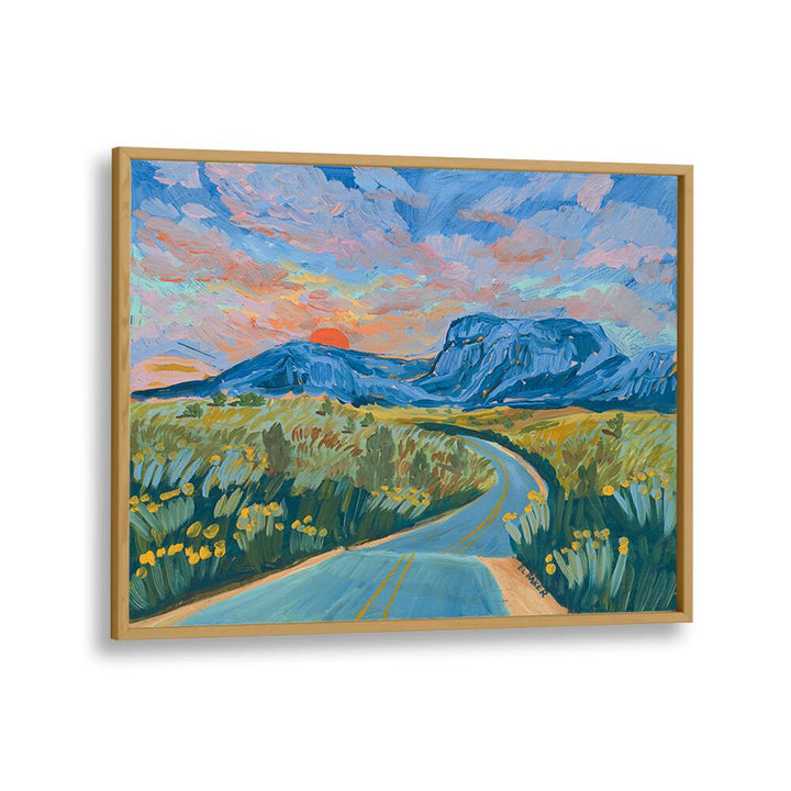 Vibrant scene of BLUE MOUNTAIN HIGHWAY, LANDSCAPE PAINTINGS capturing majestic mountains and colorful skies.